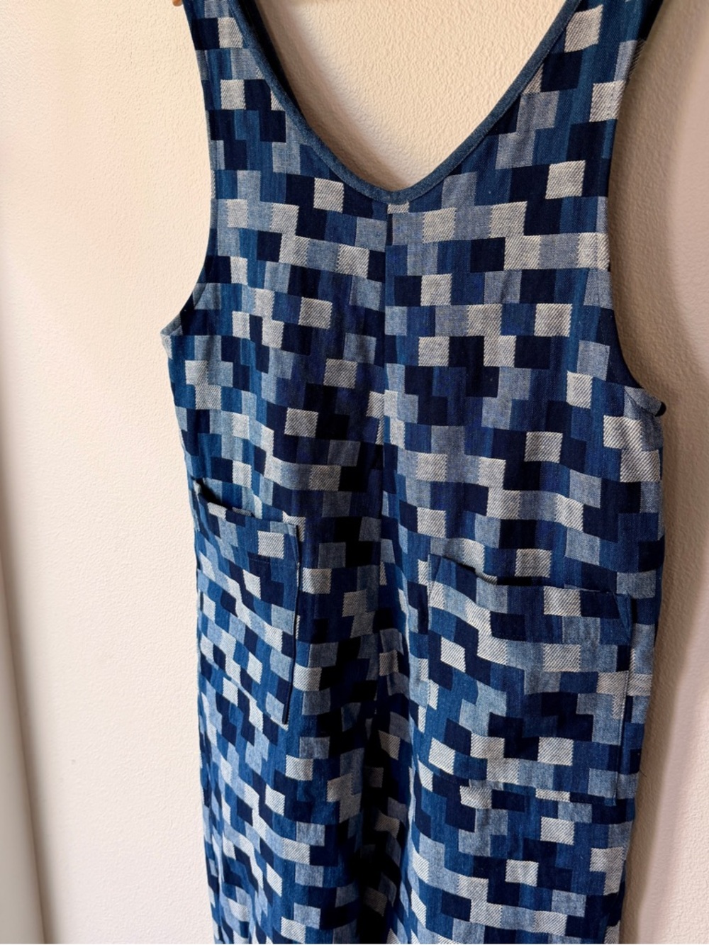 Nettle Studios Geometric Denim  Patchwork Blue Jumpsuit